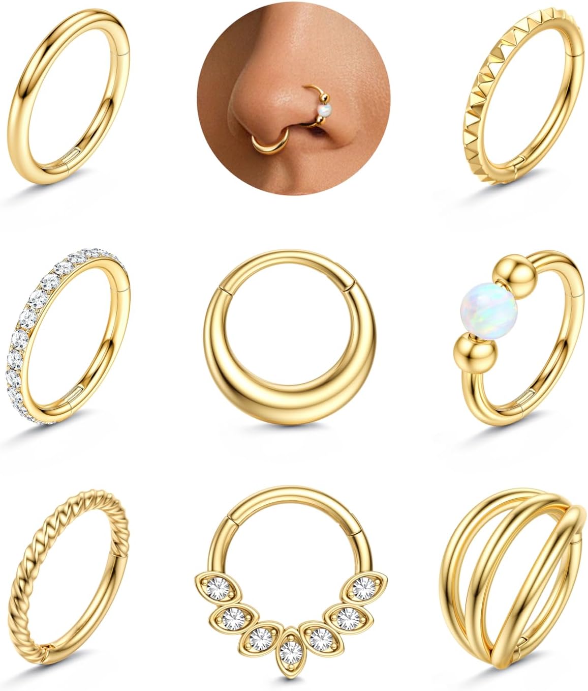 LOLIAS Septum Nose Rings Hoops - 316L Surgical Steel Septum Rings CZ Opal Silver 14K Gold Plated Hoop Nose Ring for Women 16G/18G Clicker Cartilage Earring Conch Daith Nostril Piercing Jewelry 8mm/10mm 8Pcs