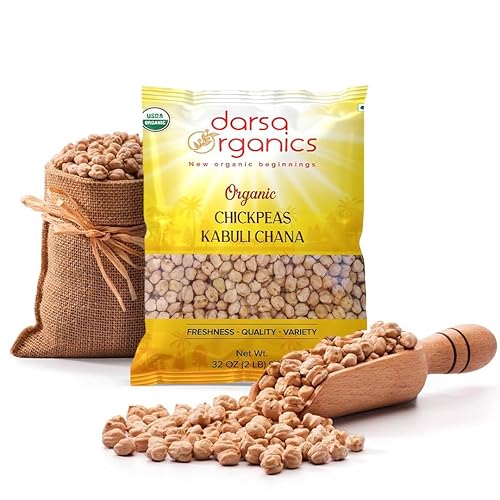 Darsa Organics Garbanzos (garbanzos) 2 libras  Kabuli Chana Dal  USDA Organic, sin OMG, Kosher  Rico en proteínas y fibra  Ideal para humus, curry,