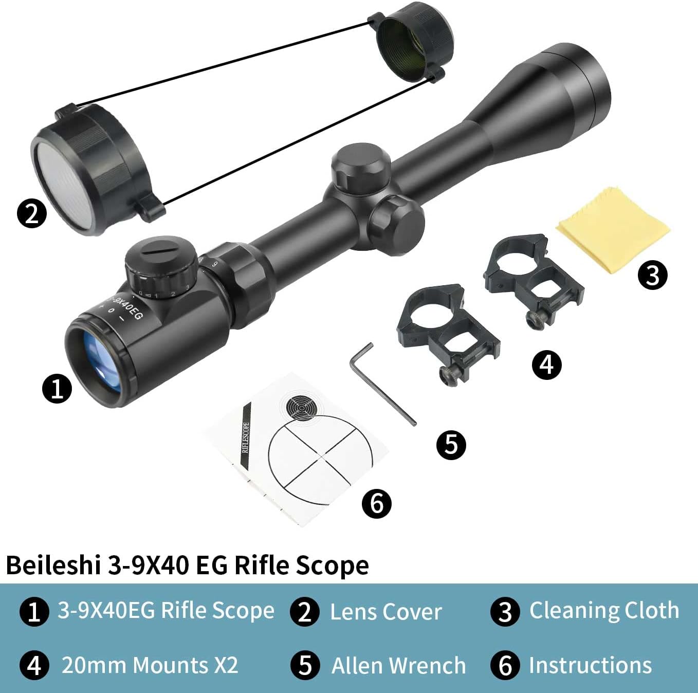 Beileshi 3-9x40 Optical Rifle Scopes with Rangefinder Reticle 20mm Mounts
