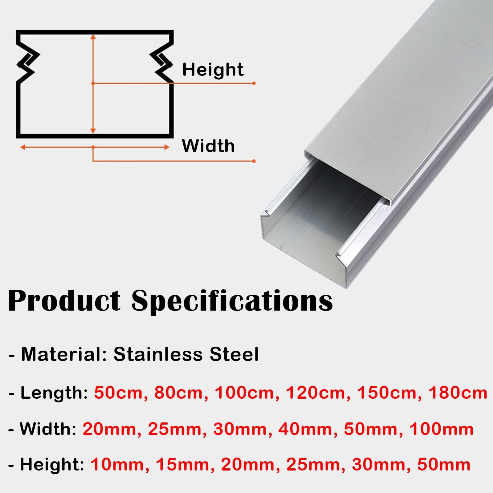 kabelkanal Edelstahl-Kabelkanal, Dekorativer Kabelverdecker Für Unter Dem Schreibtisch/Büro/Geräte, Kabelmanagement Für Verstecken Von Kabeln Auf Dem(L 120CM x W 40MM x H 25MM)
