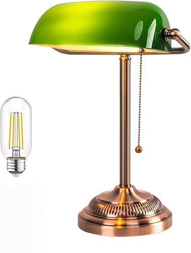 FIRVRE Bankers - Lámpara de escritorio, pantalla de cristal verde, lámpara de escritorio vintage con interruptor de cadena de tracción, lámparas de