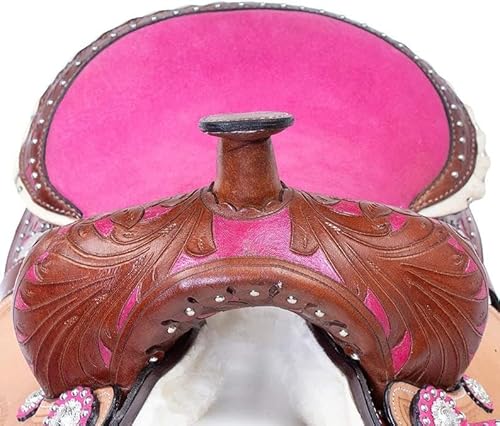 Western Saddle Barrel Dd Leather Horse Riding Rope Ranch Racing Trail Full Handed Tooled Brown And Pink Suede Seat By Prohub (16") #TOP2