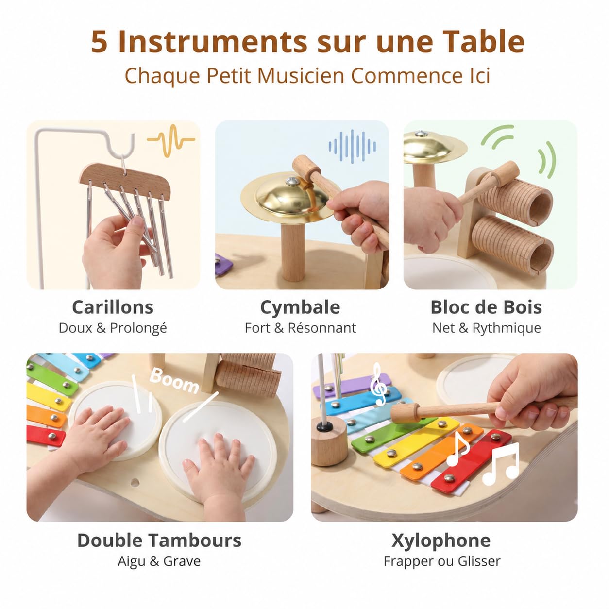 Instruments de Musique pour Enfants de 1 à 3 Ans, Batterie Montessori avec Tambour, Xylophone Et Percussions, Jouet Musical, Cadeau pour Filles Et Garçons