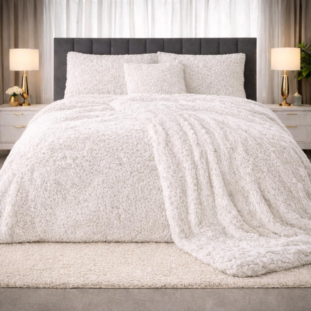 PARADISE STAR Teddy Bear Cuddles Fleece Duvet Cover Set – Alaska Luxury Faux Fur Bedding with Matching Pillowcases, Super Soft Warm Plush Winter Quilt Cover Bed (White, King)