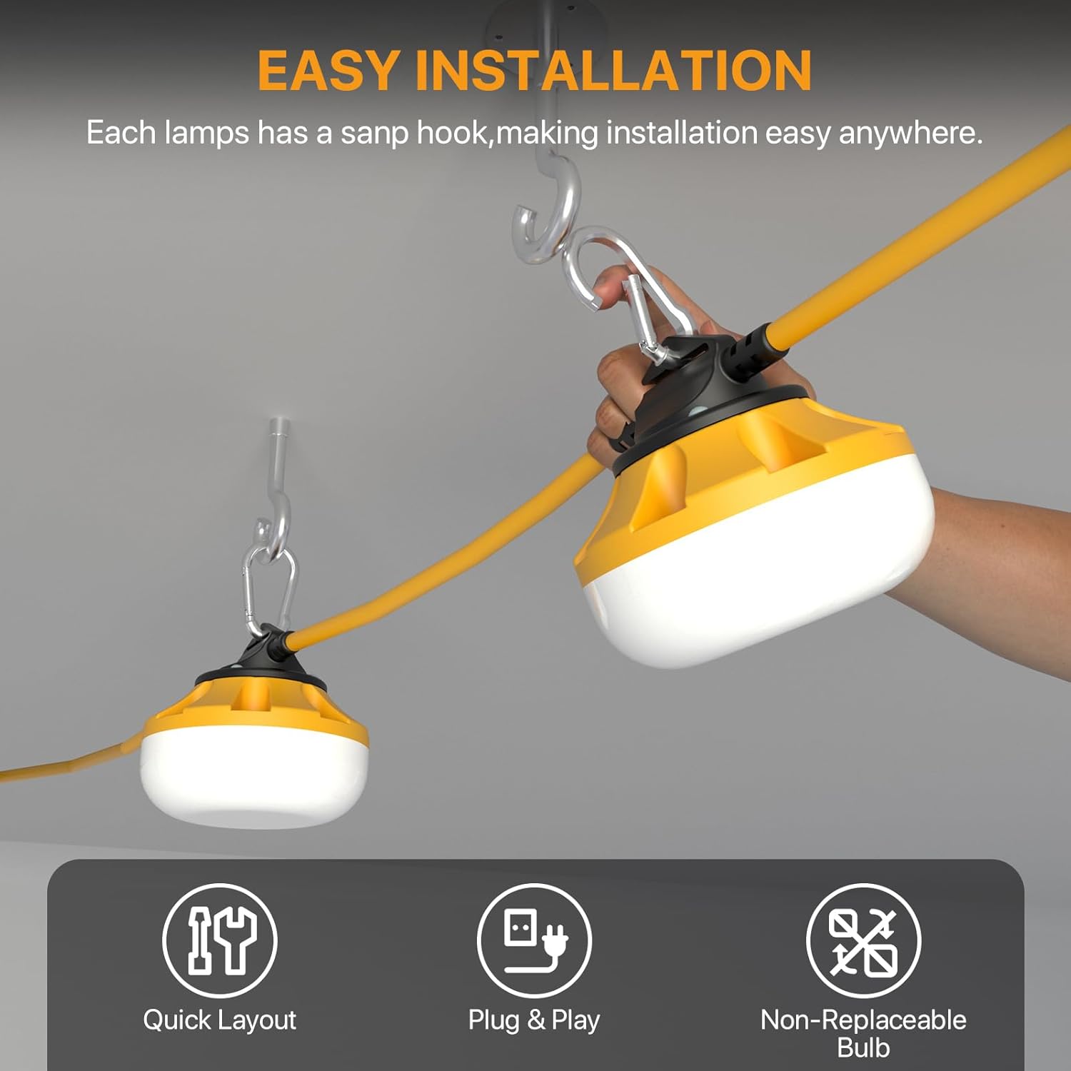 LED Construction String Lights: 50FT IP65 Waterproof ETL Certified Crawl Space Lights - 5000lm 18AWG Wire Linkable Temporary Construction Lighting for attic Lights with 5 Bulbs & Hooks