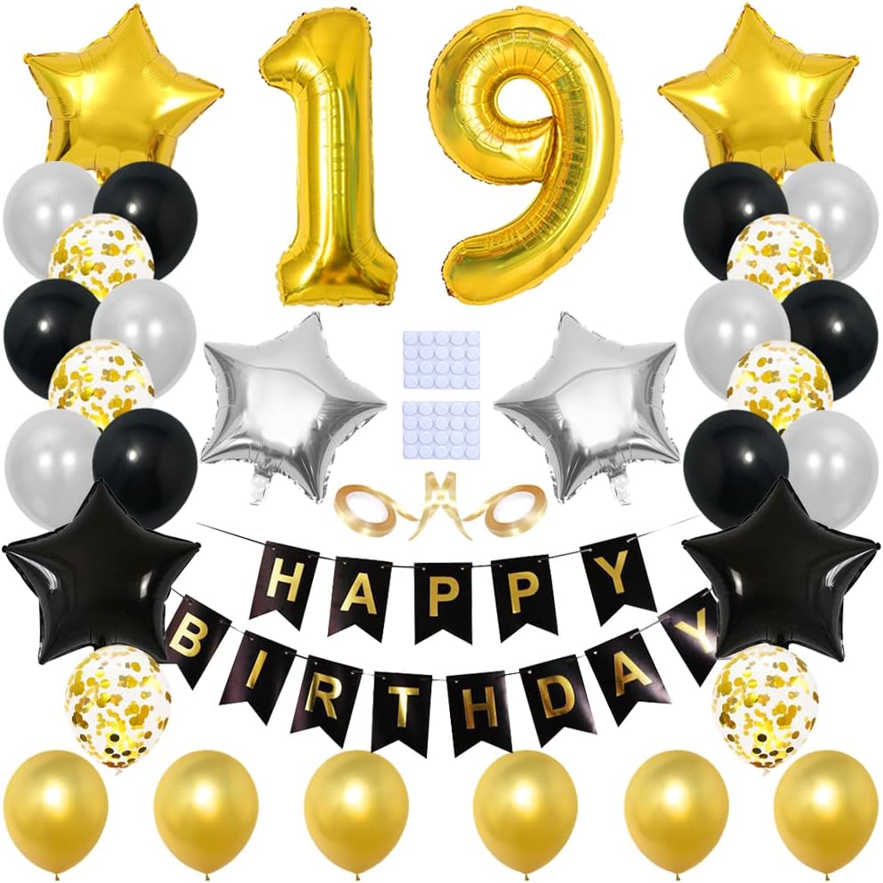 Yijunmca 33 globos para fiesta de cumpleaños de 19, globos de helio y látex, ideales para mujeres, hombres, suministros de 19 cumpleaños, color dorado y negro