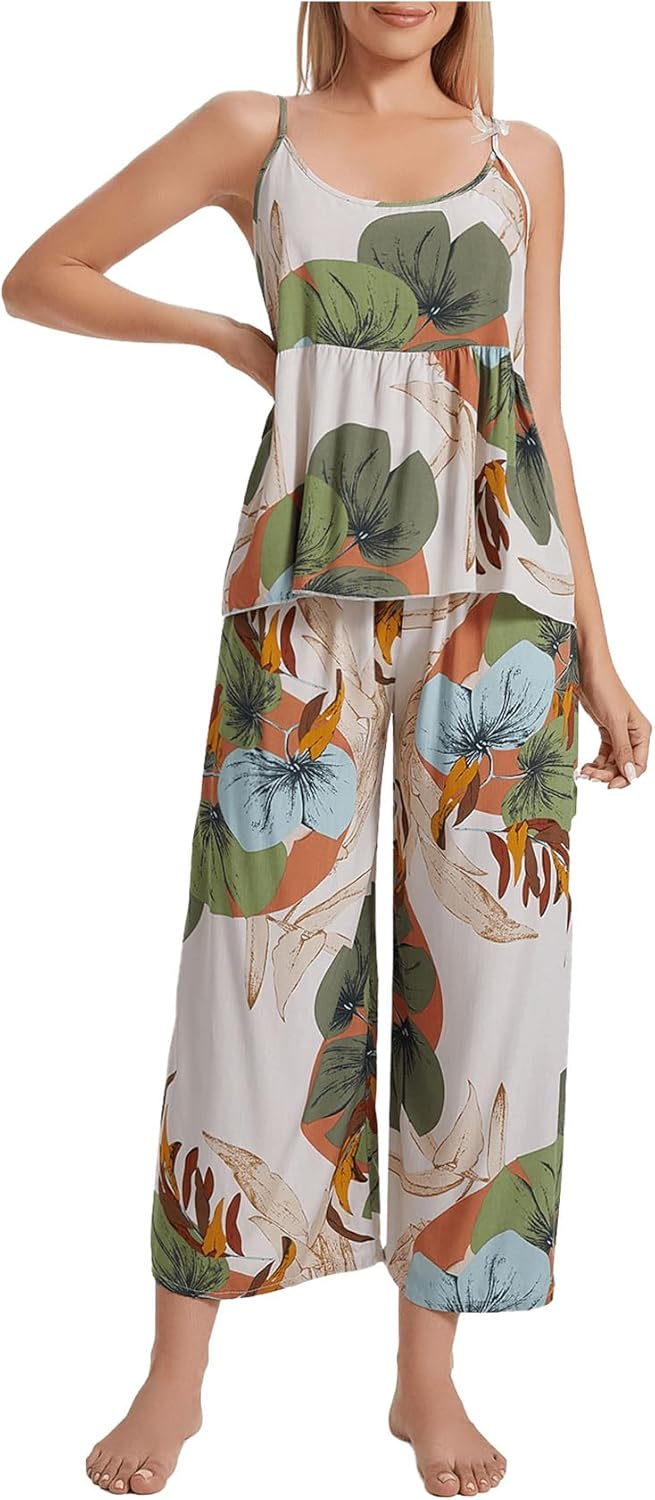 WDIRARA Women's 3 pcs Sleepwear Leaf Print Cami and Pants Pajama Set with Robe - Image 3
