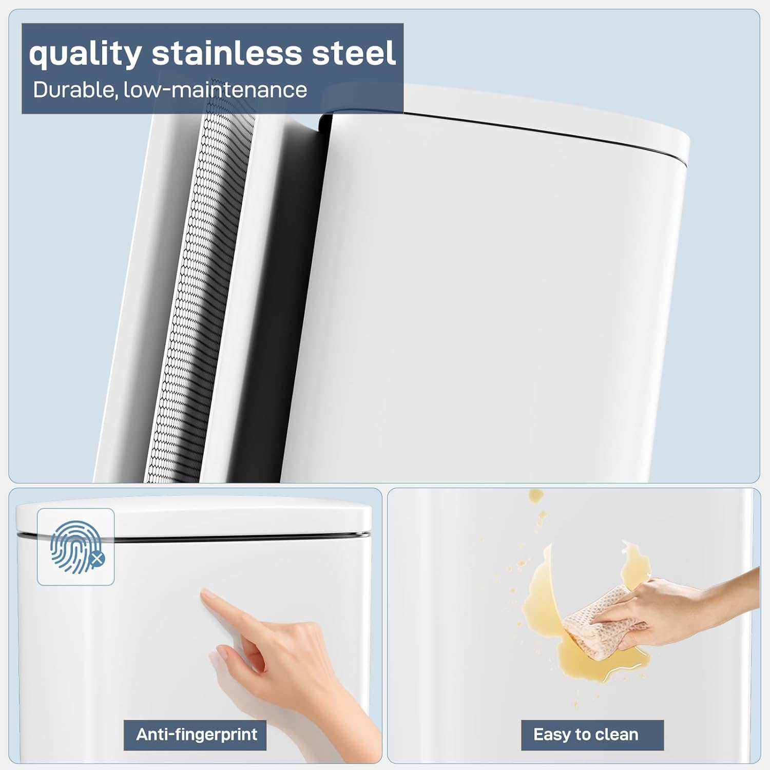 Clevich Cubo de basura de acero de 30 L, con tapa de cierre suave, peda, cubo interior extraíble de plástico, para cocina, baño, oficina, color blanco
