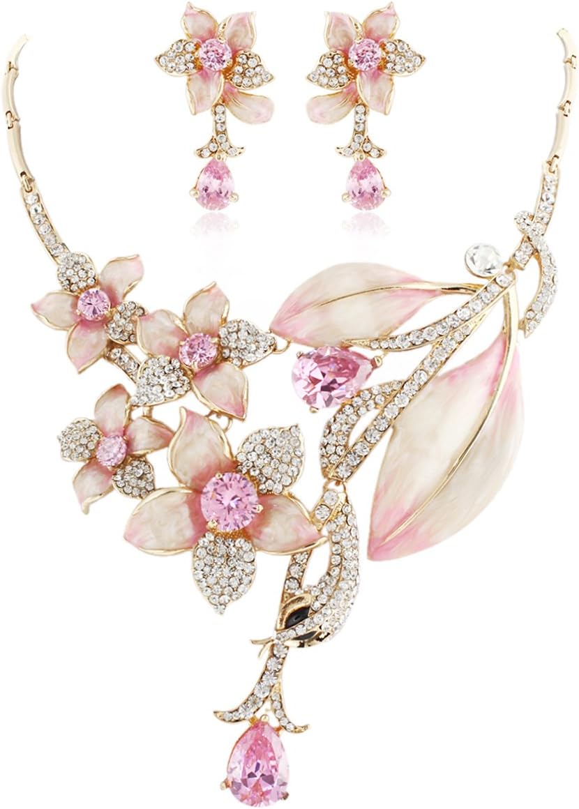 EVER FAITH Hibiscus Leaf Necklace Earrings Sets Cubic Zirconia Crystal Blooming Flower Jewelry Set for Women