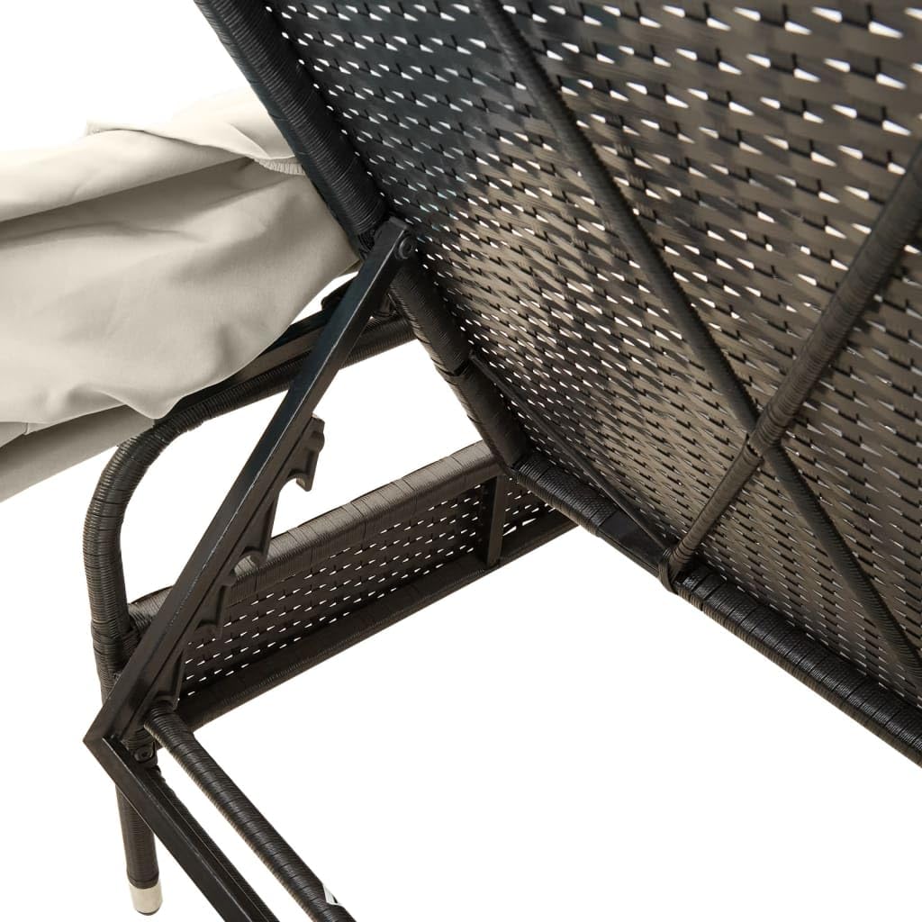 Lettino prendisole con tettuccio parasole estensibile e tavolino da tè, in rattan sintetico, schienale regolabile in 4 posizioni, cuscino spesso imbottito, portata fino a 110 kg