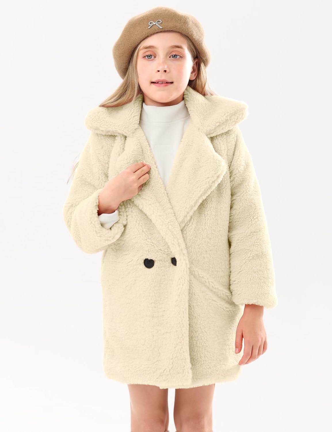 Wyeysyt Girls Faux Fur Fleece Jacket Toddler Kids Long Winter Warm Coat Fuzzy Button Down Coat with Pockets - Image 2