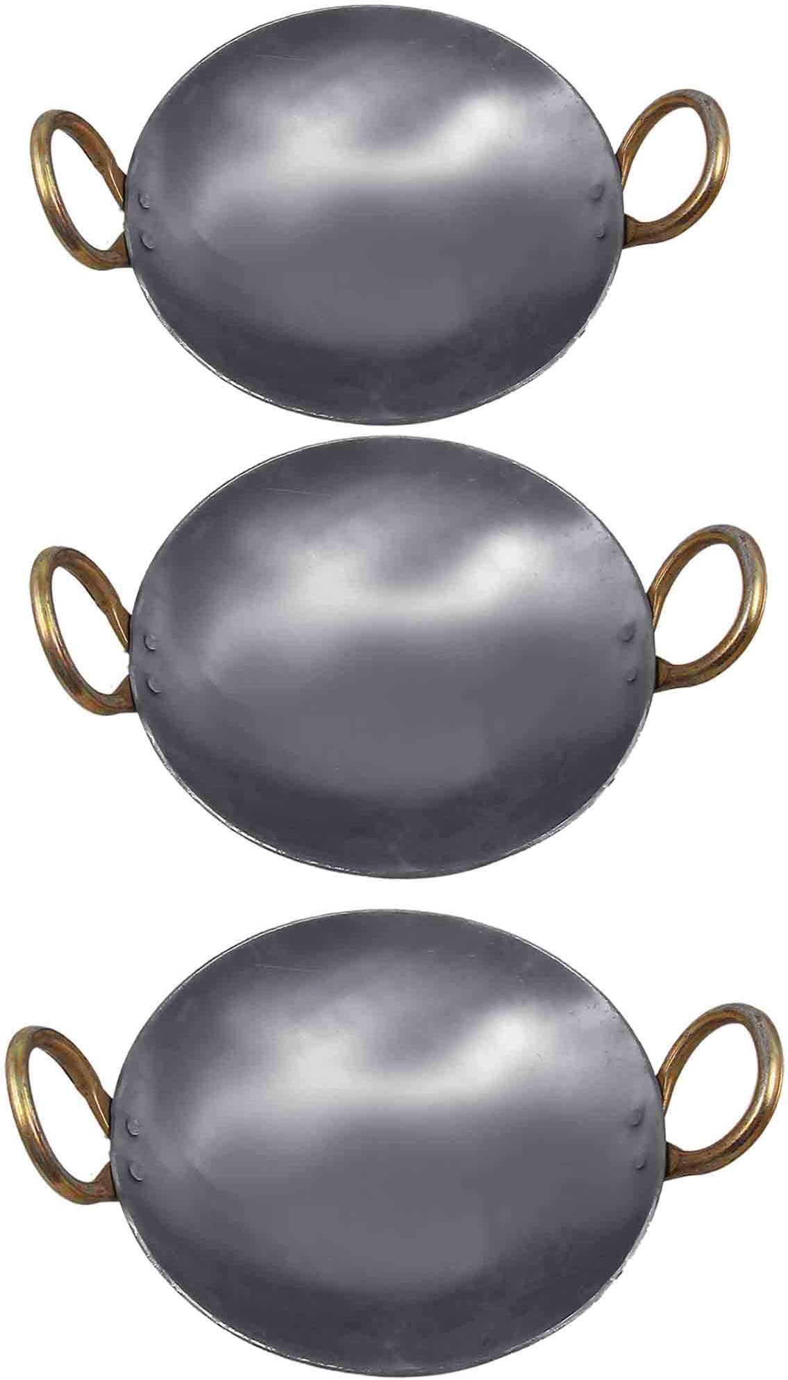 KITCHEN SHOPEE Iron 3 pes cookware set combo deep Kadai Frying Pan Cooking Fry Kadhai Heavy Base With Handle Multipurpose use Induction Friendly 9 In 10 In &11 In silver Colour 7 liters