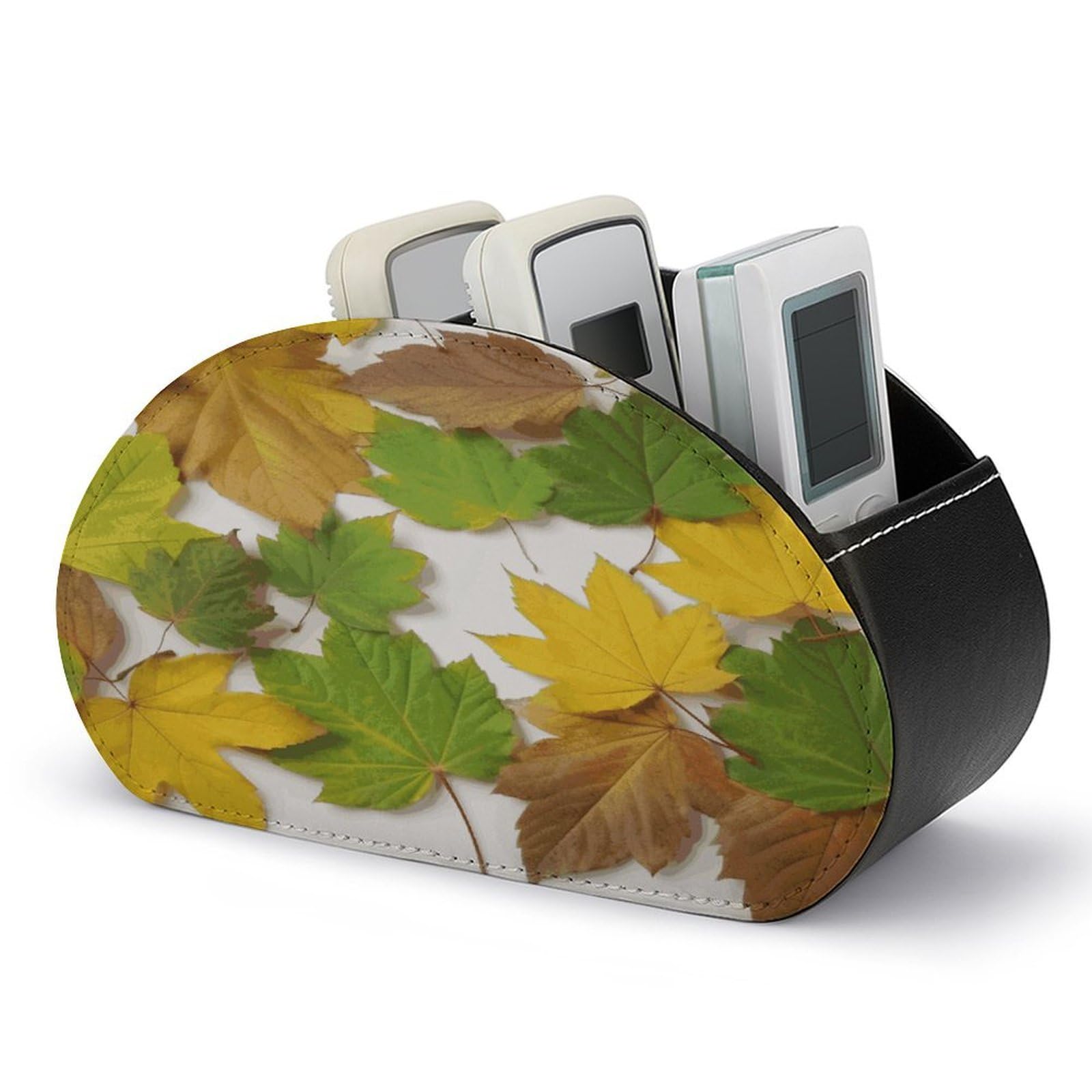 FekiLoot Leaves Remote Control Holder with 5 Compartments Multi-functional TV Remote Caddy Organizer Leather TV Remote Holder Desktop Organizer Store for Bedside Table Office Desk