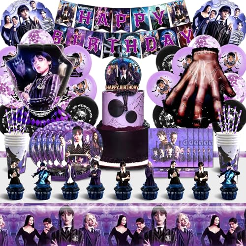 99 peças Wednesday decoração de aniversário, Wednesday Balões de aniversário, Wednesday louça aniversário de crianças, Wednesday decoração de aniversário, louça incluindo balões toalha de mesa pratos