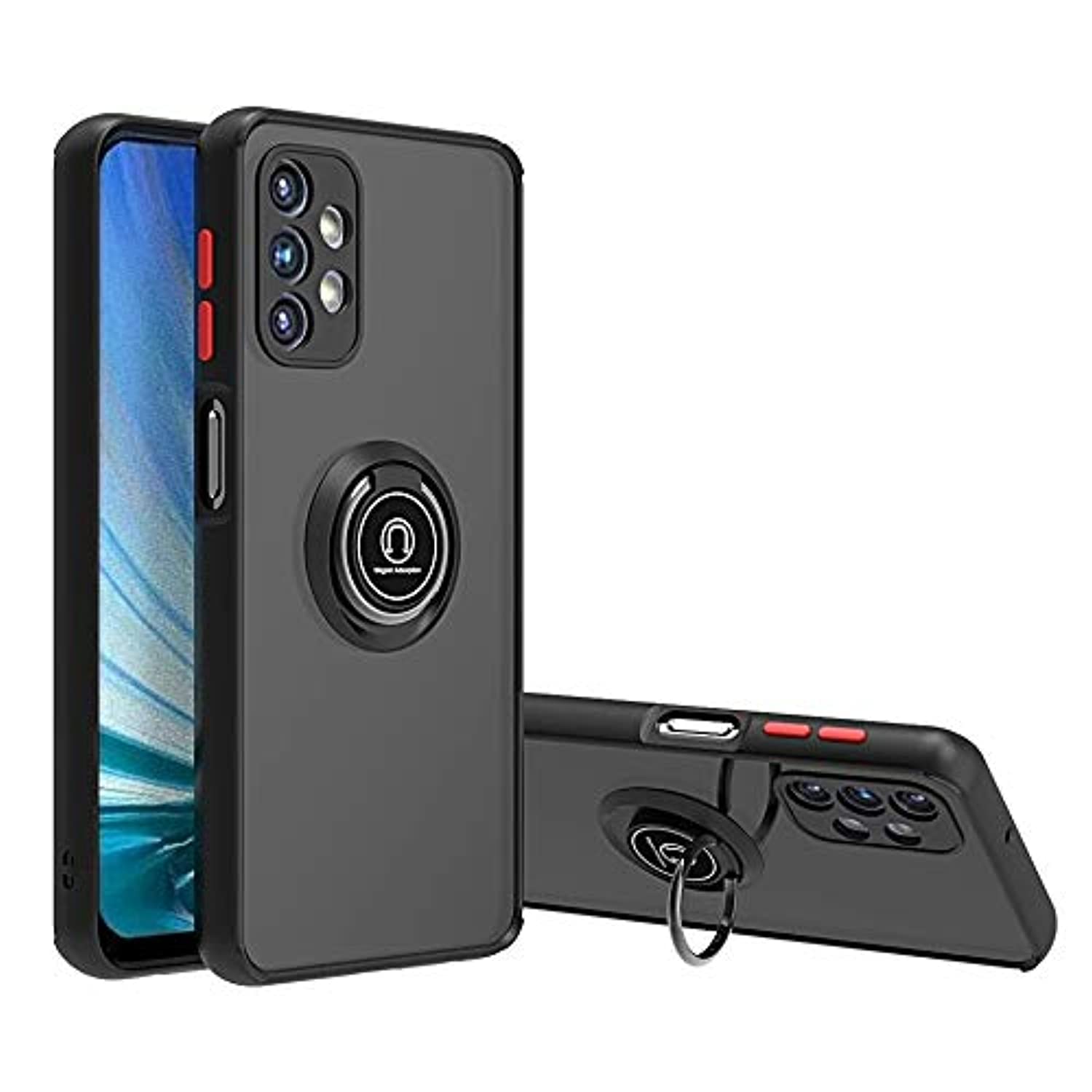 Silicone Translucent Shockproof Matte Back Cover with 360 Rotational Car Mount Magnetic Ring Holder for Samsung Galaxy A32 5G - Black