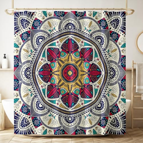 ZhiRain Abstract Mandala Shower Curtain Indian Hippie Bohemian Art Floral Texture Pattern Waterproof Fabric Bathroom Curtains Home Privacy Bath Decor with Hooks 66x72Inch