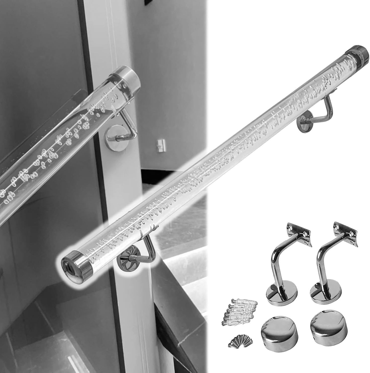 Stair Handrail Clear Acrylic Hand Rail 3 4 5 6 10 12 13 14 20 Ft, Grab Bar Railing with Metal Brackets, Wall Mounted Hand Rails(Silver,413cm(13.5ft))