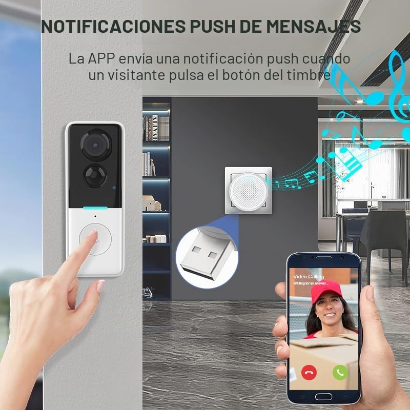 Timbre Videoportero Inalámbrico con Cámara, Timbre Videoportero WiFi Exterior Impermeable IP65 720P con Detección PIR Visión Nocturna Instalación Sencilla Compatible con Tuya Smart App, 2.4 GHz