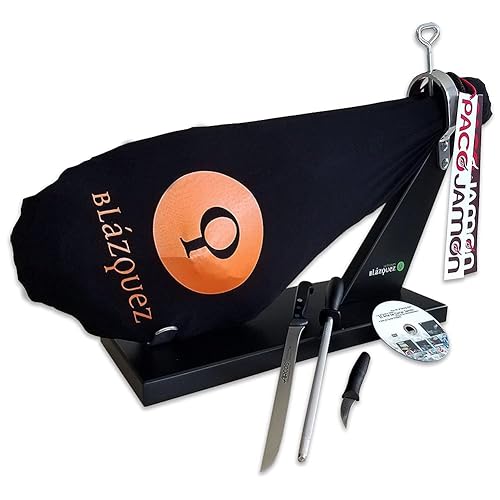 Jamón Ibérico Kit Profesional, 16-17 Libras, 2 Años de Curación, 50% Raza Ibérica, 40-50 Porciones + Jamonero Profesional + Juego de Cuchillos ARCOS