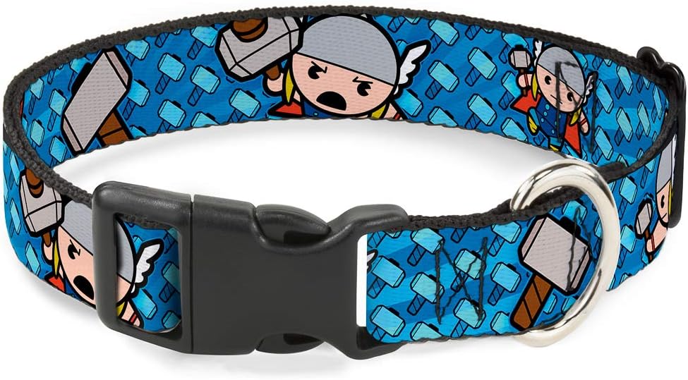 Dog Collar Plastic Clip Kawaii Thor Poses Hammer Monogram Blues 16 to 23 Inches 1.5 Inch Wide