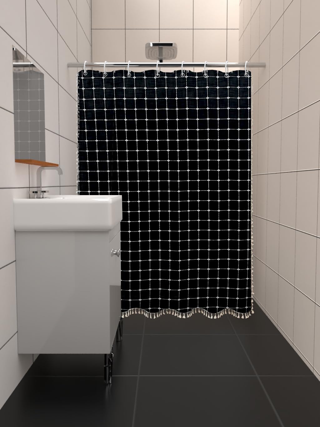 Black Stripe Farmhouse Cloth Shower Curtain Boho Gingham Patchwork Fabric Bathroom Curtain Rustic Chic Heavy Duty Bath Curtain Set with Tassel - Bohemian Shower Curtain with Hooks 36x71 Inch