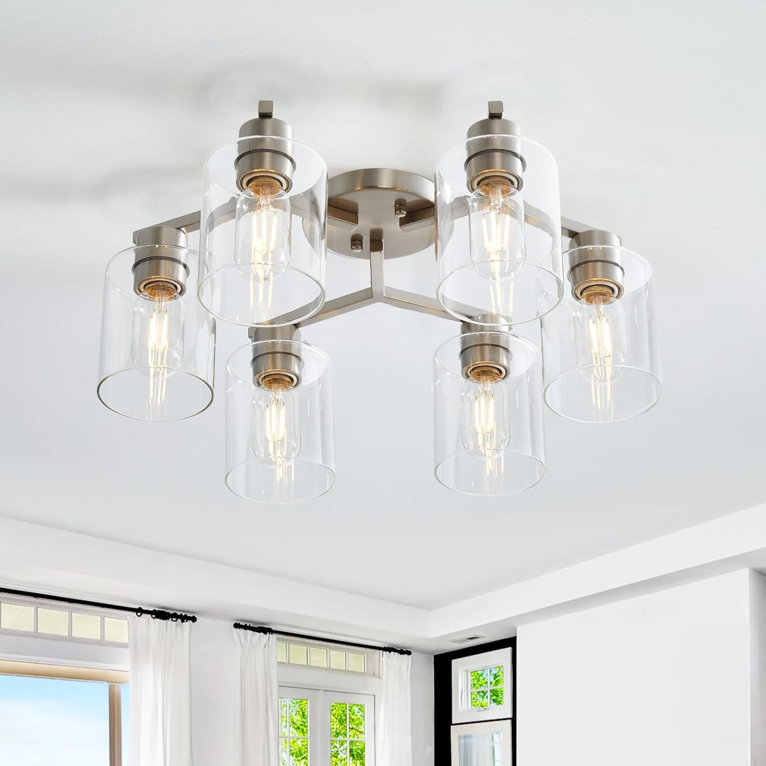 6 Light Semi Flush Mount Ceiling Light Modern Brushed Nickel Ceiling Light Fixtures Kitchen Lighting Fixtures Cieling with Clear Glass Shade for Kitchen Bedroom Living Room Dining Room