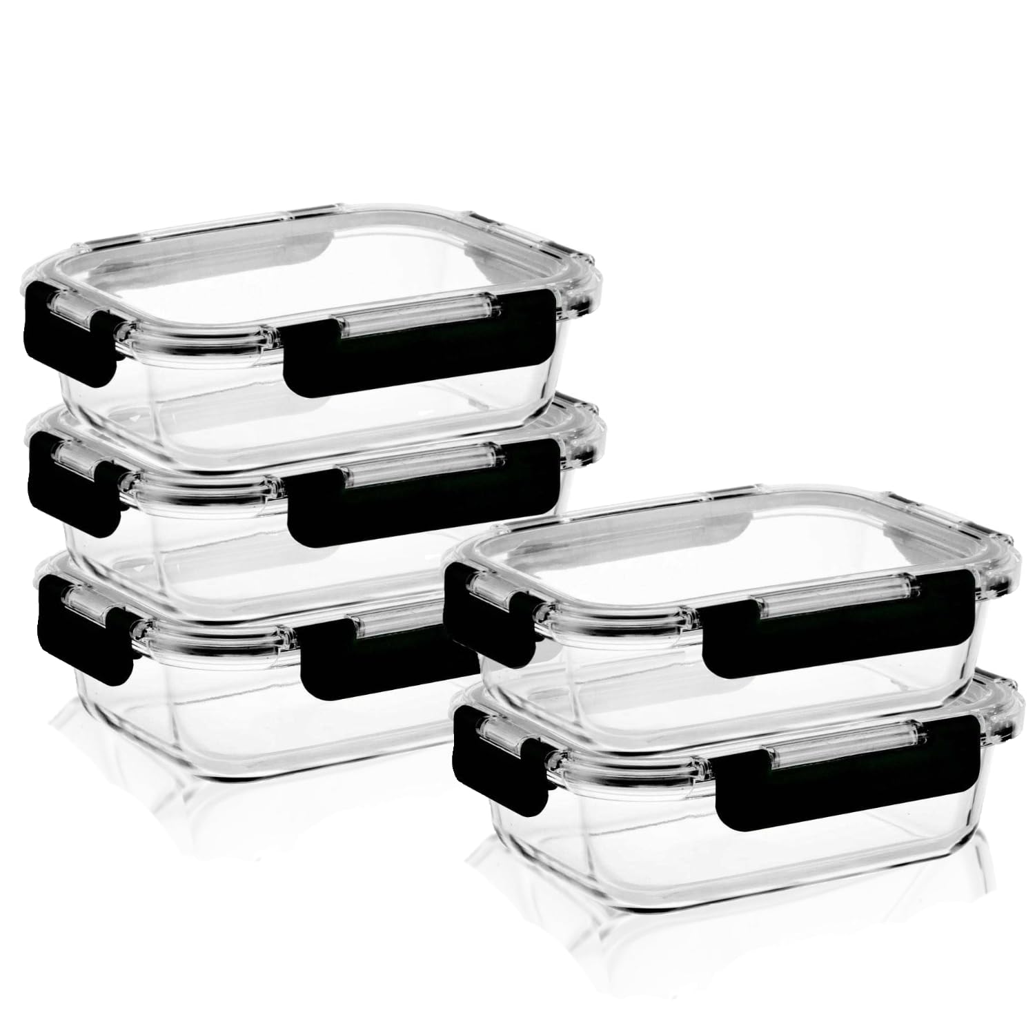 Tokyo Frischhaltedose Mealprep-Set mit 5 Glasbehälter + 5 Kunststoffdeckeln (Schwarz) | 100% dicht + hygienisch | Spülmaschinen-, Mikrowellengeeignet
