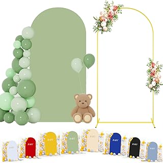 FOTSHARER 7.2 FT Wedding Arch Backdrop Stand and Sage Green Arch Cover Wedding Backdrop Arch Stand with Cover Gold Wedding Arches for Ceremony Happy Birthday Party Bridal Baby Shower Arbor Decorations