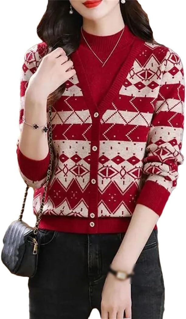 Women's Fake Two Pieces Sweater Mock Neck Button Jacquard Pullovers Thicken Long Sleeve Knitted Tops