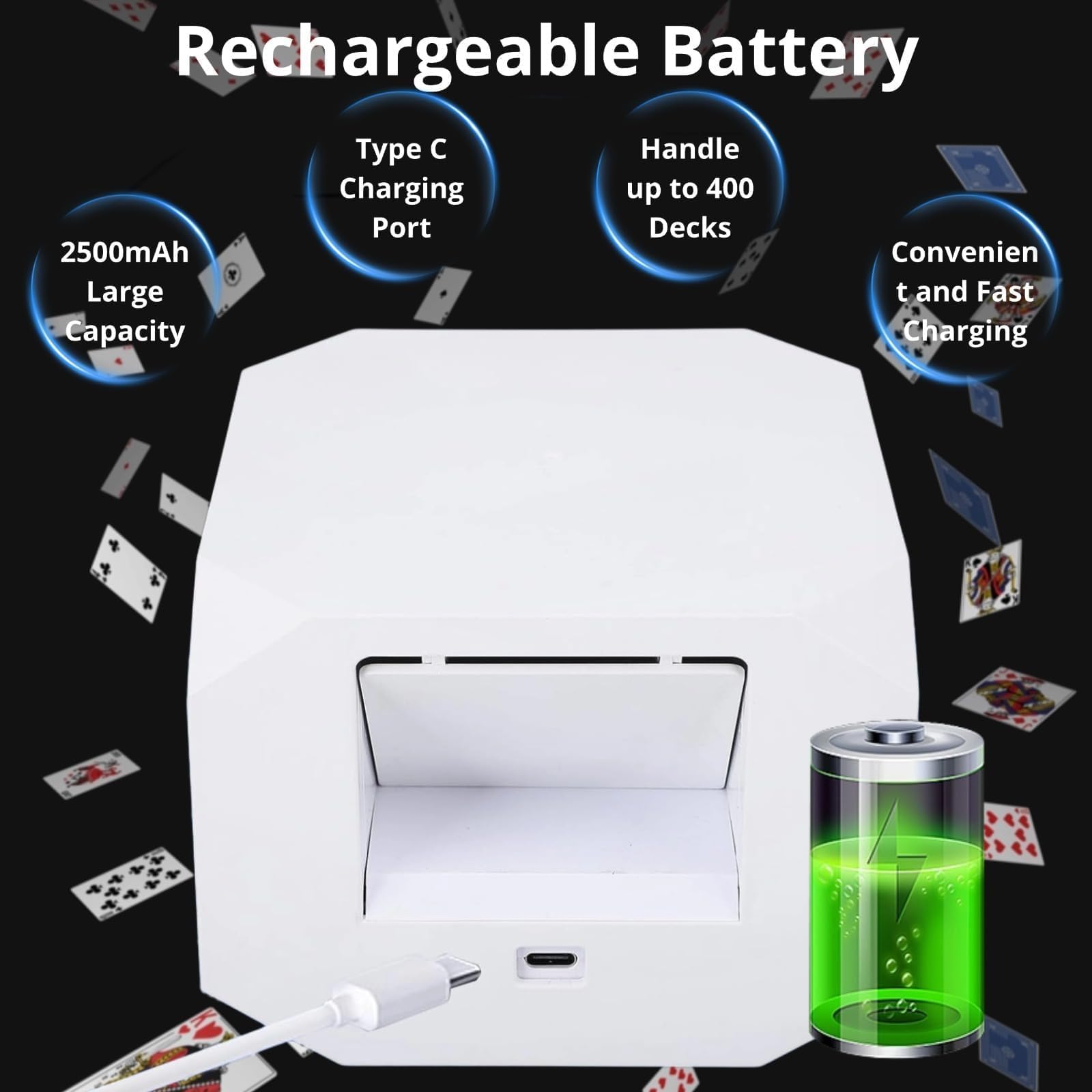Mélangeur automatique de cartes - Distributeur portable rotatif à 360° pour 2 à 12 joueurs - Rechargeable 2500 mAh - Idéal pour UNO, Poker, Texas Hold'em