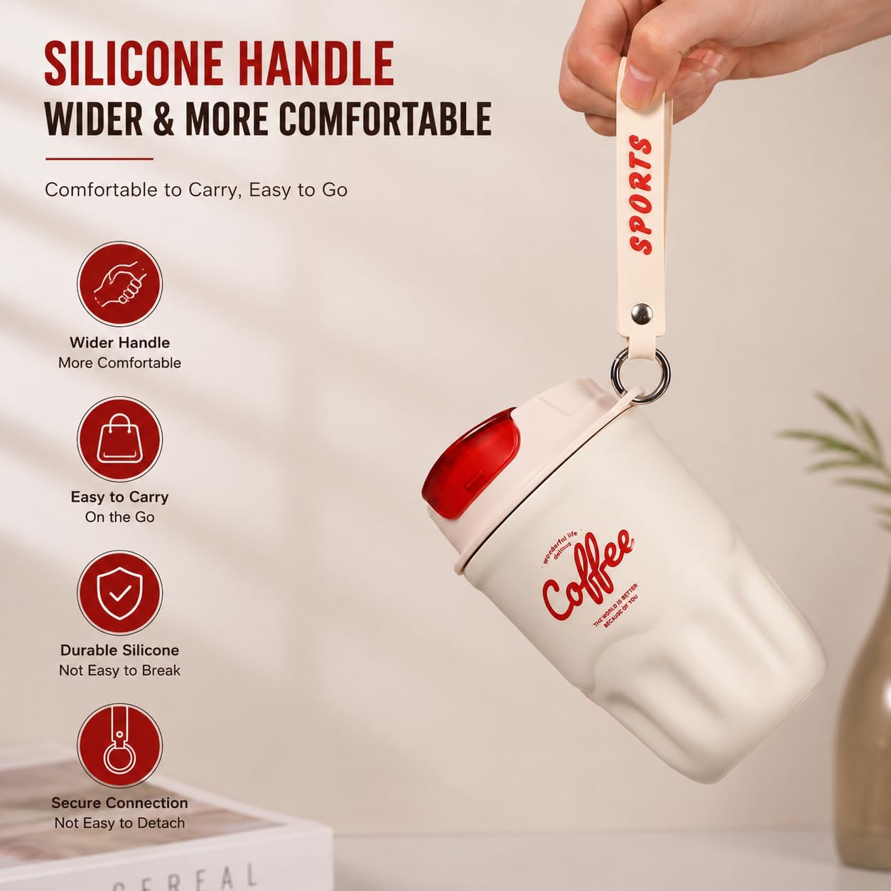 Gobelet isotherme pour café avec couvercle et poignée - Tasse de voyage portable en acier inoxydable 316 - Double paroi pour boissons chaudes et froides (rouge, affichage de la température)