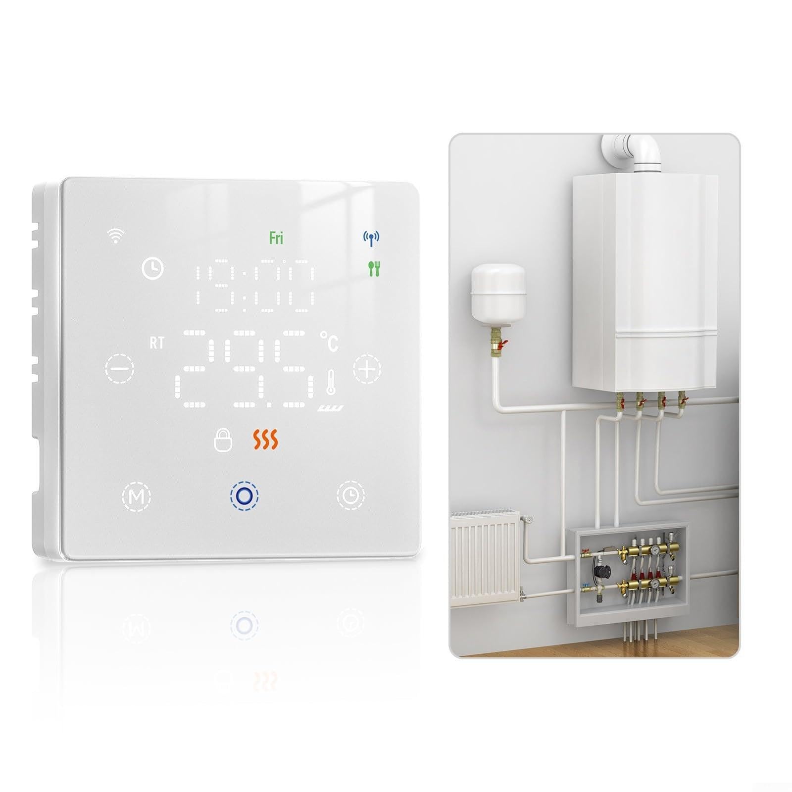 Termostato inteligente WiFi que funciona con pilas para calderas de gas con activación por voz, control remoto por aplicación y programación semanal personalizada (blanco)