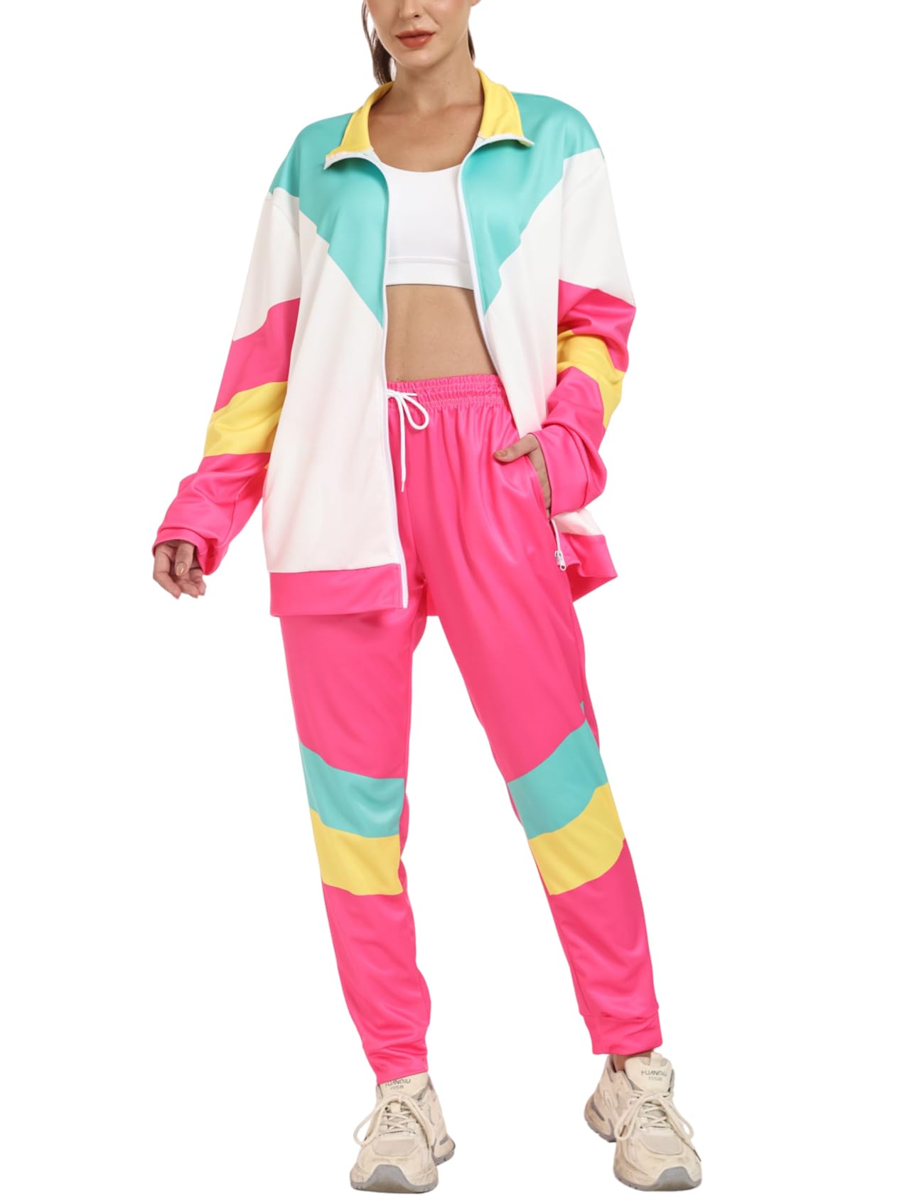 Retro 80s 90s Outfit Sets for Women Color Block 2 Piece Tracksuit Windbreaker Jacket Set