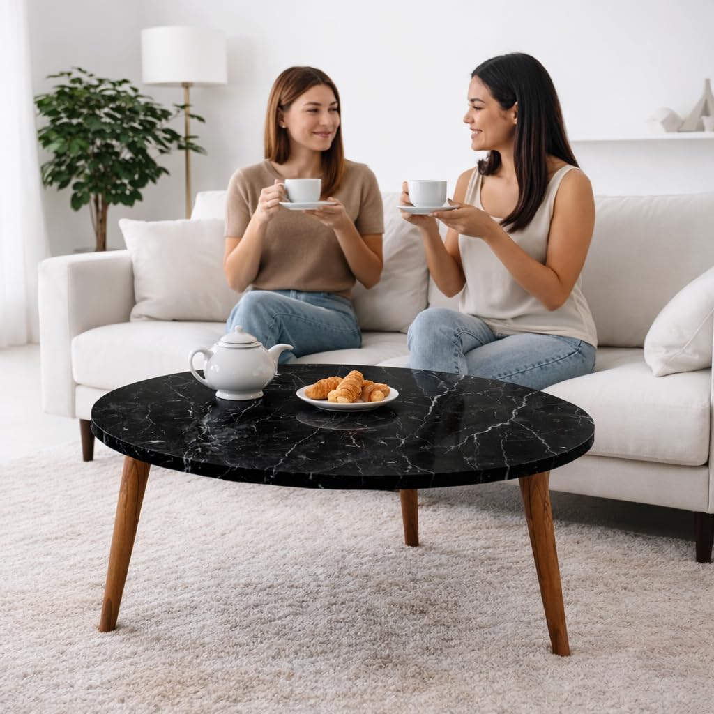 Tavolino Tondo da Caffè in Legno Basso - Moderno, Adatto per Soggiorno, Hall Albergo, Ufficio, Arredamento Casa, Sala da Tè, con 3 Gambe, Elegante - D.75x43h cm (Effetto Marmo Nero)
