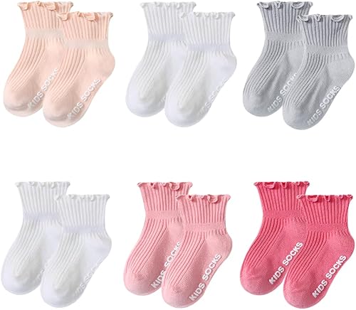 Calcetines antideslizantes para bebés y niños pequeños, calcetines de tobillo antideslizantes para niñas pequeñas, con volantes, 6 pares