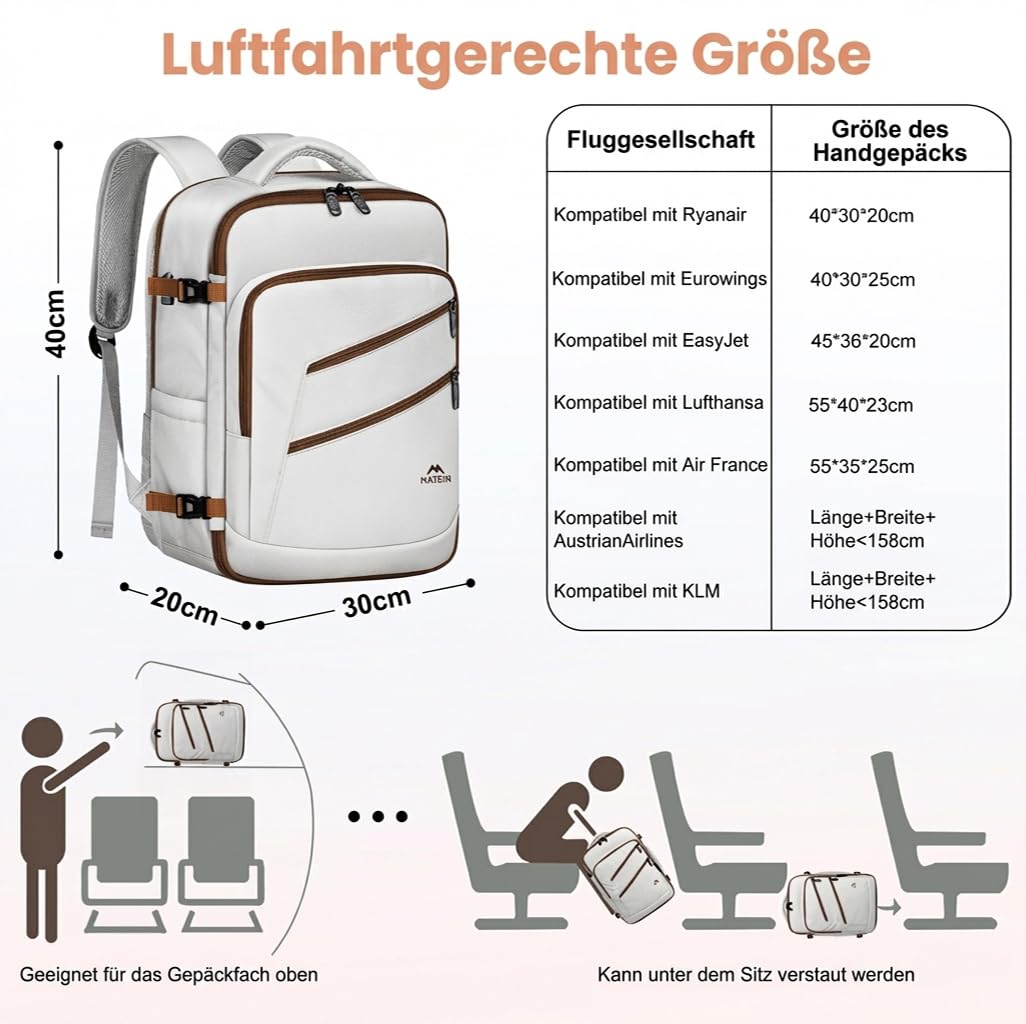 MATEIN Ryanair Handgepäck 40x30x20, Reiserucksack Damen mit Nassfach, Rucksack 40x30x20 mit 15.6 Zoll Laptopfach für Damen, Ryanair Rucksack für Reise, Reiserucksack für Business, Cloud Dancer