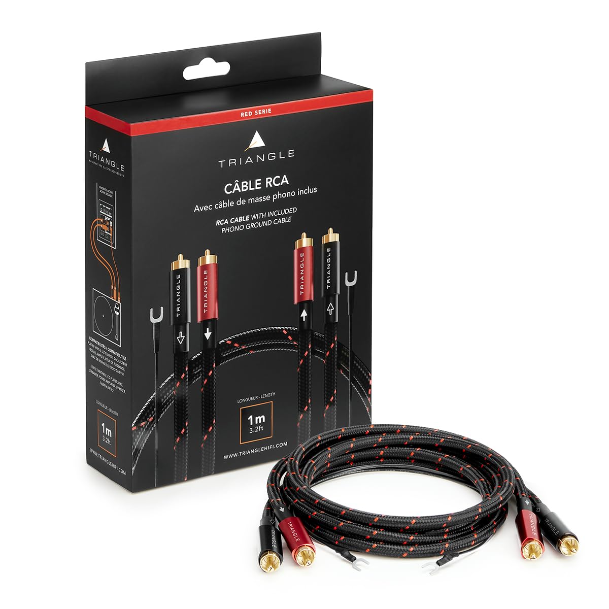Triangle – Câbles RCA Stéréo Red Serie Hi-FI 2x1m – Cuivre OFC 99,99% – Blindage Multicouche – Câble de Masse Phono Inclus – Compatible Platine Vinyle, DAC, Lecteur CD, Amplificateur (Paire)