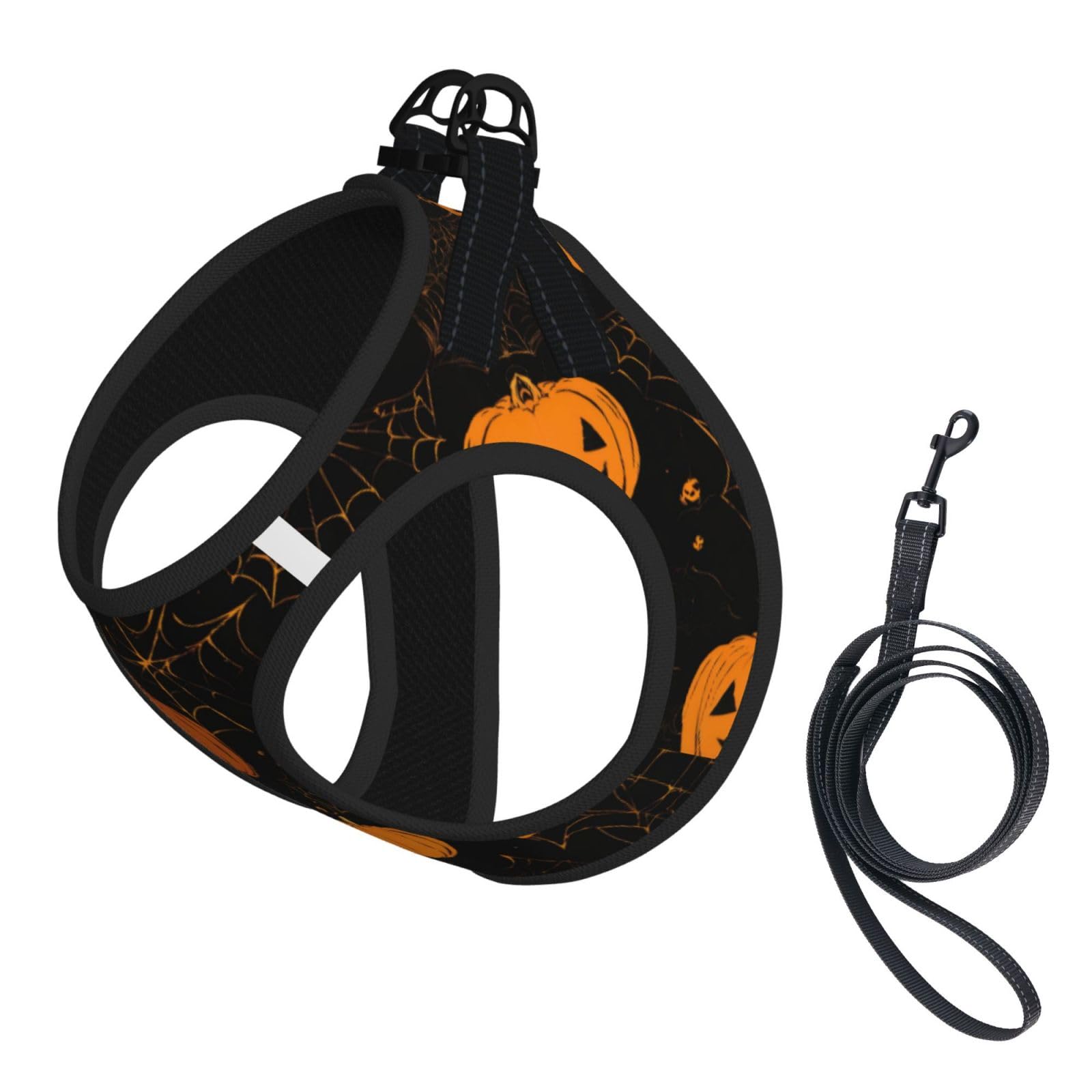 Halloween Pumpkin Print Harness Leash Set for Cat Dog Reflective Adjustable Escape-Proof Vest Lead With Soft Breathable Mesh