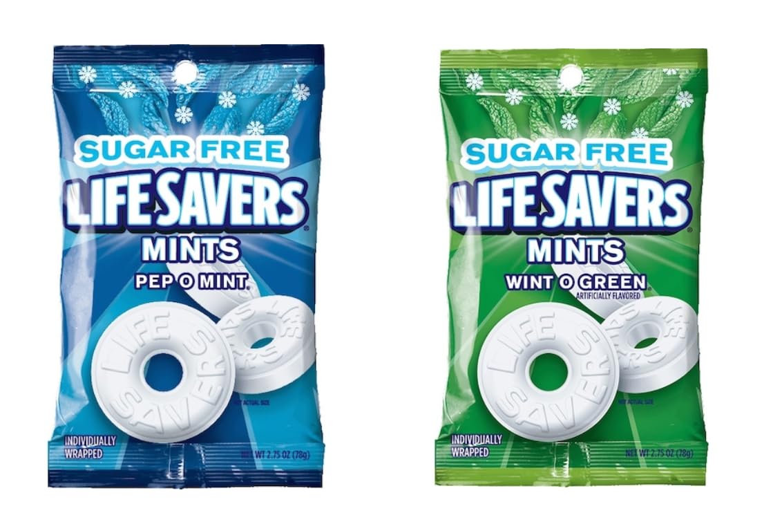 Smiling Sweets Sugar Free Lifesavers Candy Variety 2 Flavors Life Savers Wint O Green and Life Savers (Pack of 2-2) Bags