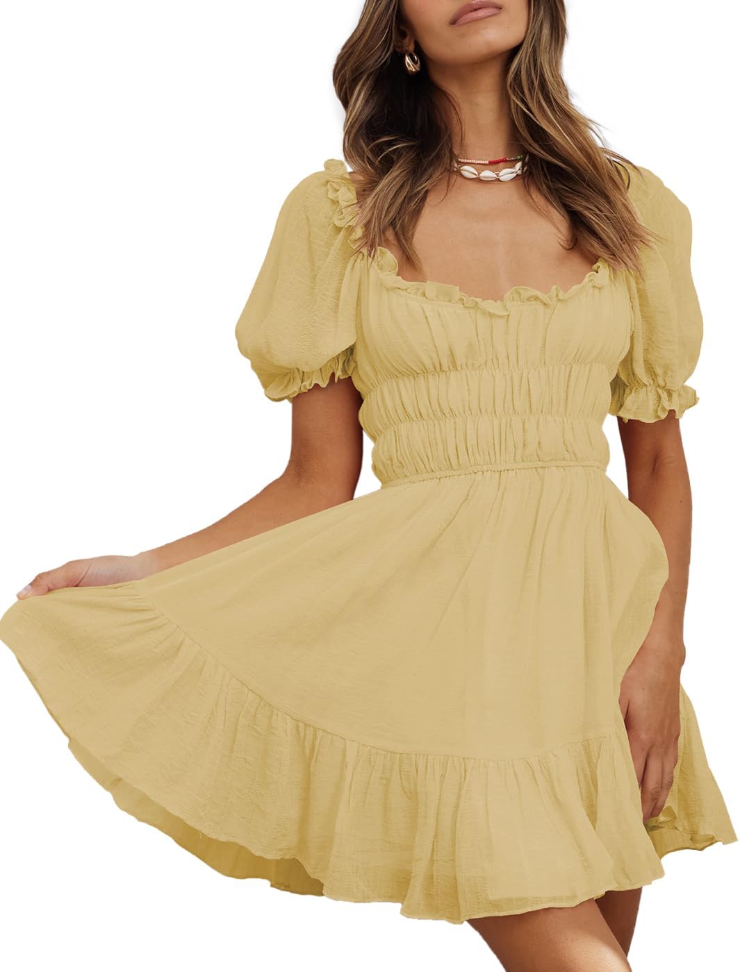 Women's Square Neck Puff Sleeve Mini Dresses Ruffle Elastic Waist A-Line Elegant Summer Casual Flowy Mini Dress