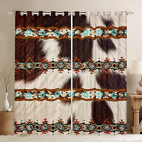 Cowhide Curtains Western Blackout Curtains,Brown Highland Cow Print Curtains & Drapes Exotic Aztec Diamond Window Curtains 84"X84",Farm Animals Bull Cattle Skin Room Decor Cowboys Gifts for