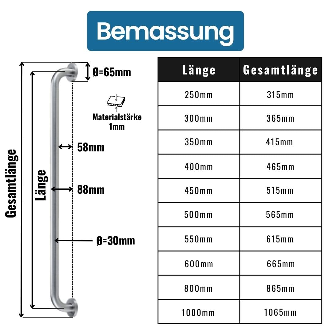 Stahlia Haltegriff Ø 30mm Edelstahl gebürstet 400mm Handtuchhalter Haltegriffe für Senioren Aufstehhilfe Haltegriff Dusche Badewannengriff Handgriff