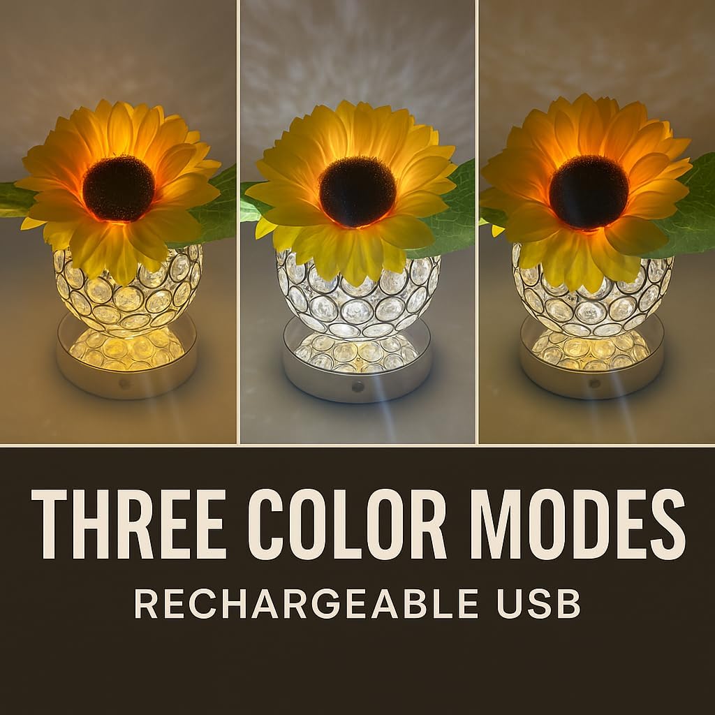 Crystal Cube LED Night Light with Sunflower Vase, USB Rechargeable Table Lamp, 3 Color Modes, Touch Control, Decorative Accent Light for Bedroom, Home (Round Crystal Globe (Sunflower))