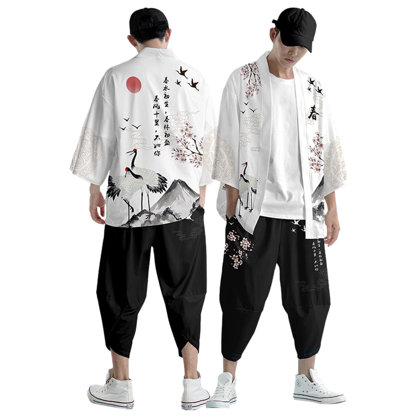 Kimono traditionnel pour homme - Costume ample yukata - Style japonais - Kimono imprimé traditionnel - Cardigan et pantalon - Veste fine - Cardigan japonais - Pantalon sarouel