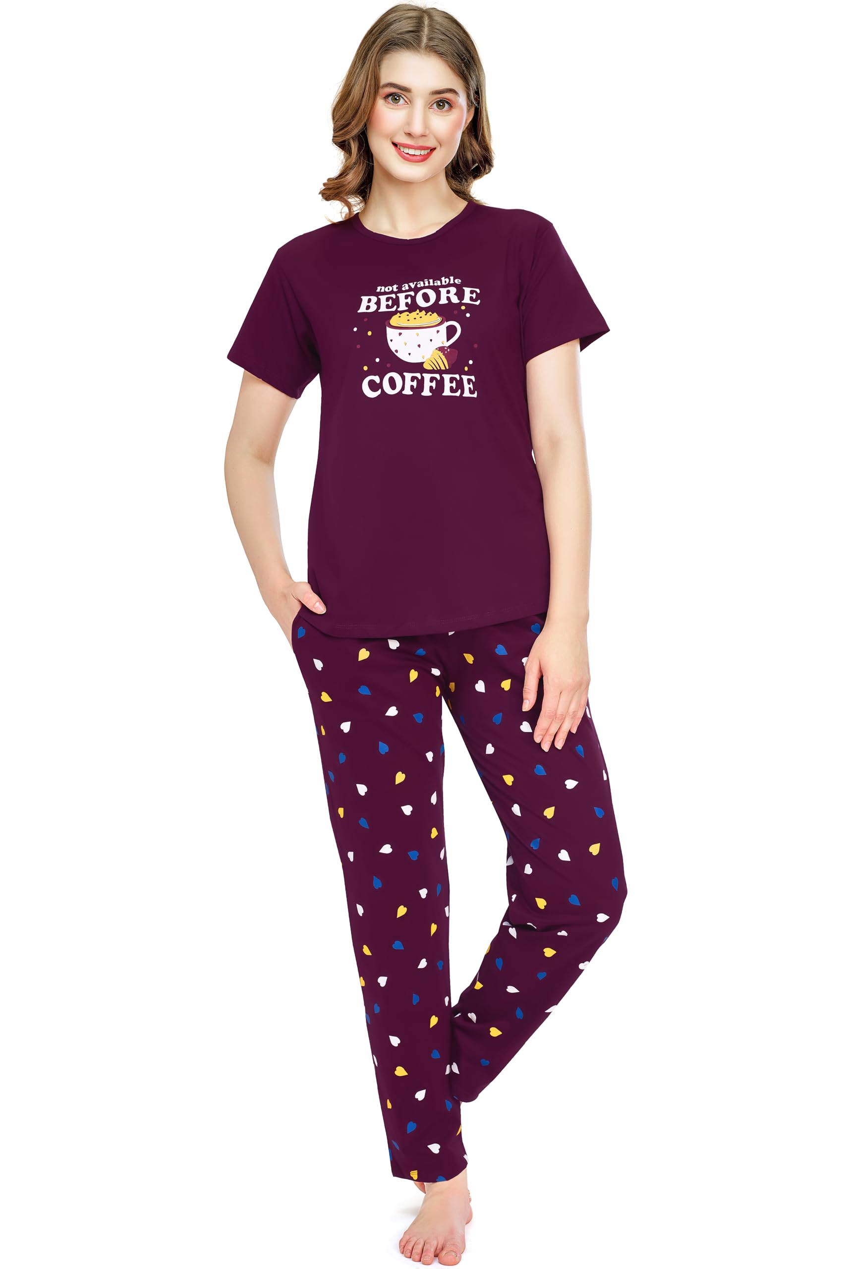 zeyo Night Suit for Women's Heart Printed Cotton Night Dress of Top and Pajama Set 5775-picture-12