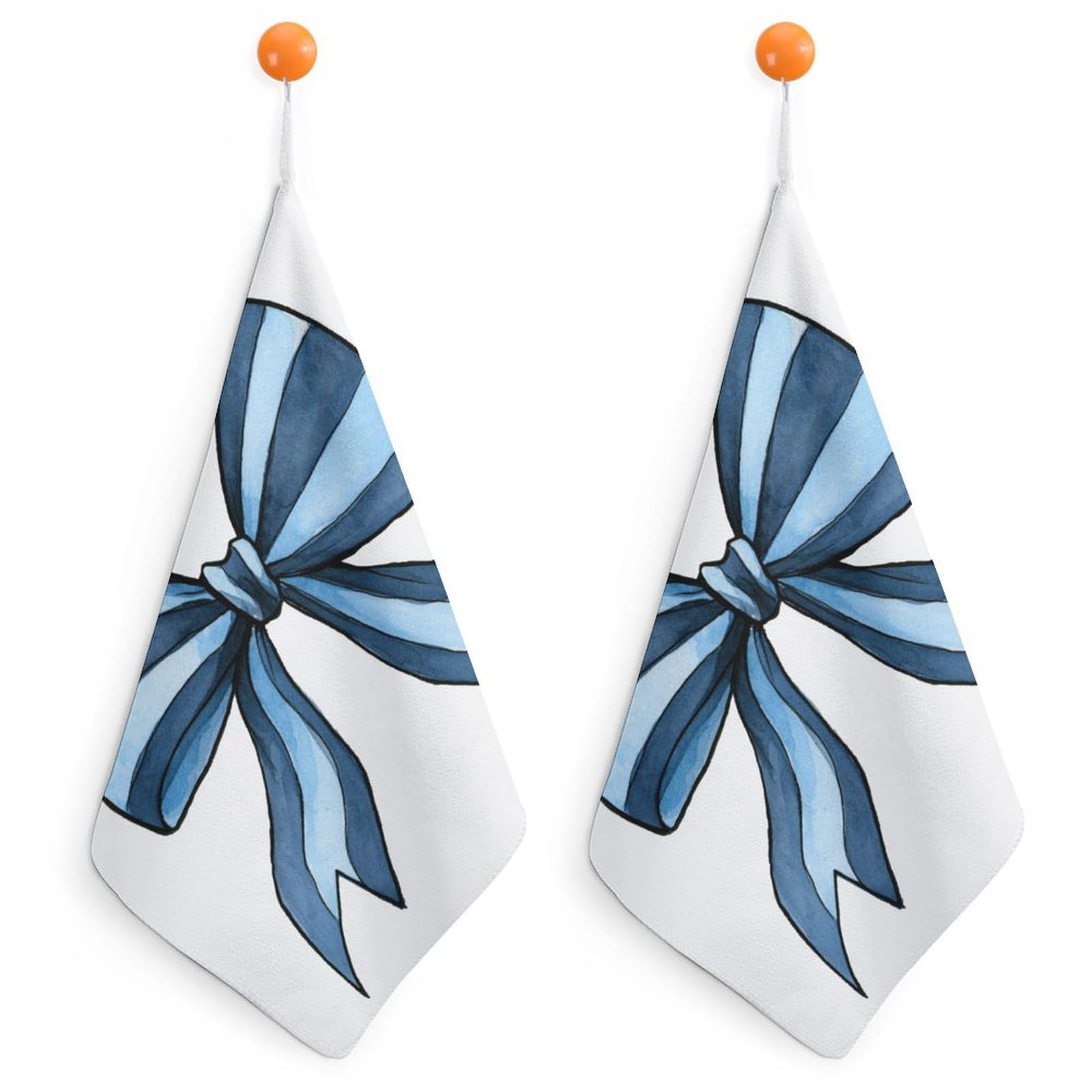Jubonexis Navy Powder Blue Striped Bow with Ribbon Tails Small Hand Towel with Hanging Loop 2 PCS Absorbent Soft Wash Cloth for Kitchen Bathroom