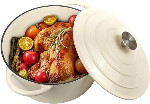 Gacuray - Olla holandesa de hierro fundido esmaltado de 4.5 cuartos de galón con asas duales Lidnd, resistente, antiadherente, color blanco crema