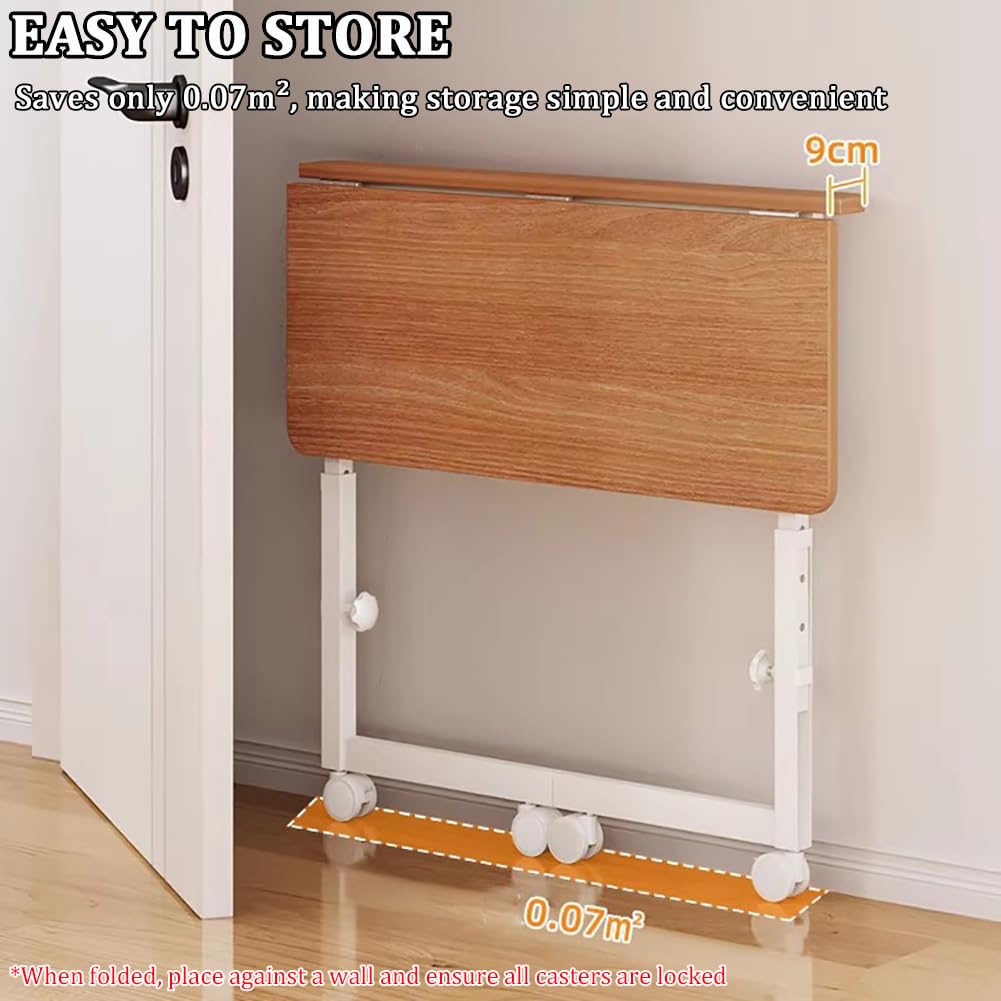 Tavolo Pieghevole A Forma Di C in Legno Massello Con Ruote Omnidirezionali A 360°, Comodino Medico Regolabile, Tavolino Accessibile in Sedia A Rotelle Per Disabili/Anziani,B is 80cm long