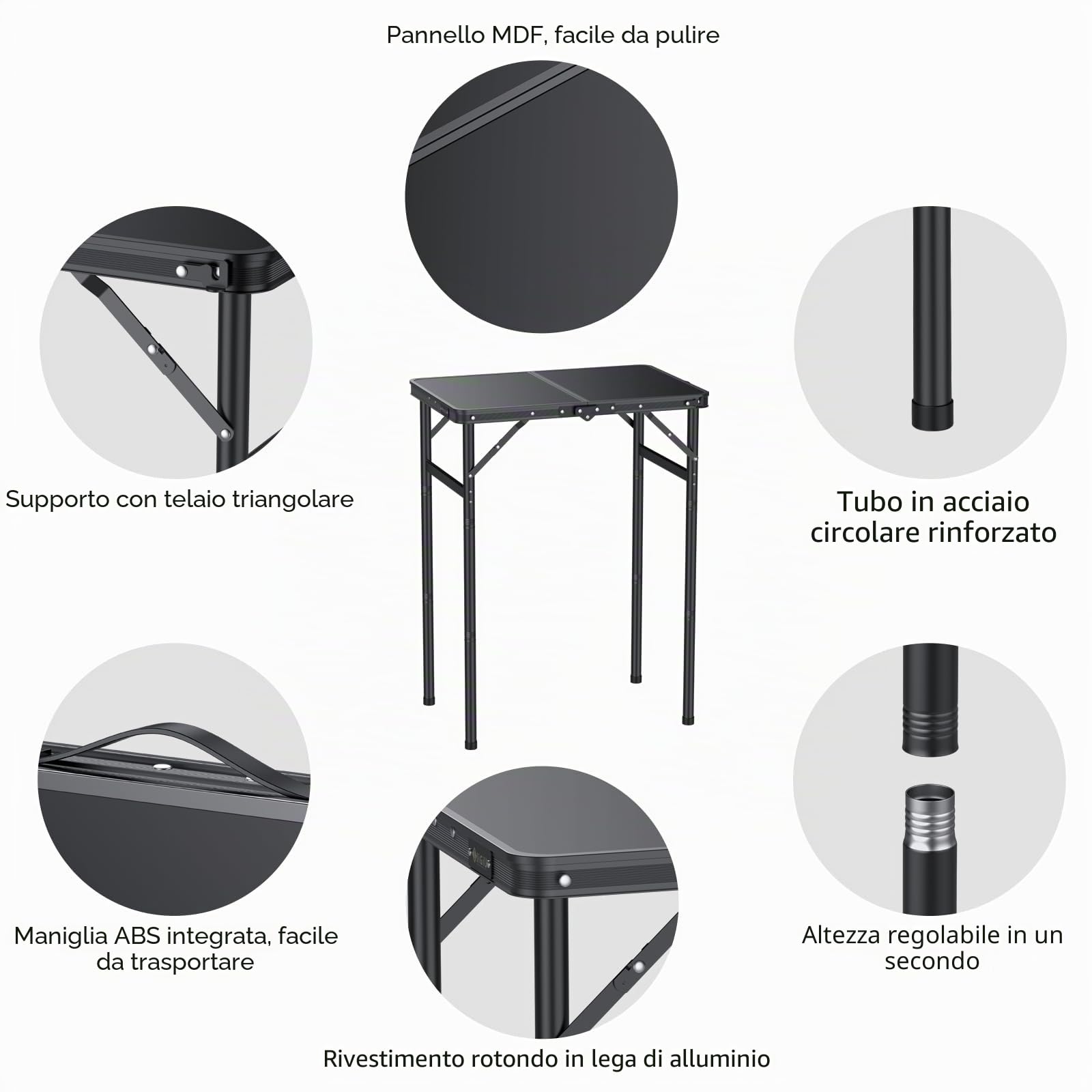 JiGiU Tavolo da Picnic Pieghevole per Esterno in MDF Nero con Gambe Filettate in Metallo, 3 Altezze Regolabili (27.3/51/74.7 cm), Portatile - per Campeggio, Giardino, Spiaggia