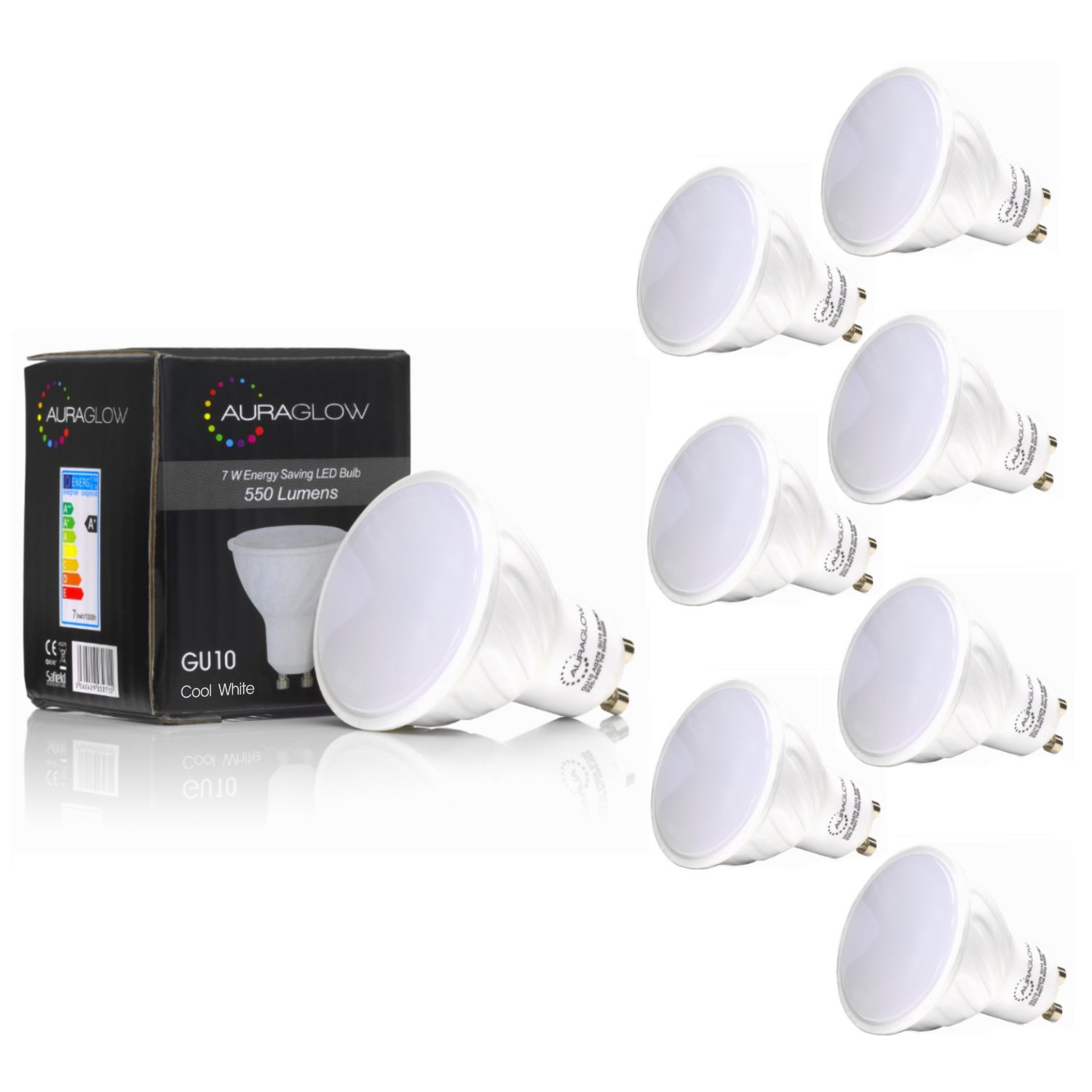 Auraglow 5.3W Super Bright Led Gu10 Light Bulb, Daylight Cool White 6500K - Retrofit - 550 Lumen - 70W Eqv - Eight Pack